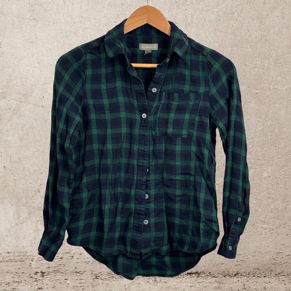 Style & Co. Green and Blue Long Sleeve Tee